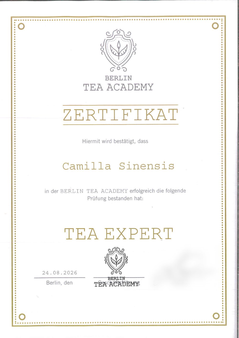 Beispiel: Zertifikat Tea Expert der Berlin Tea Academy