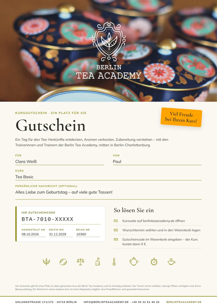 Beispiel eines Kursgutscheins der Berlin Tea Academy: für Clara Weiß von Paul, Kurs Tea Basic